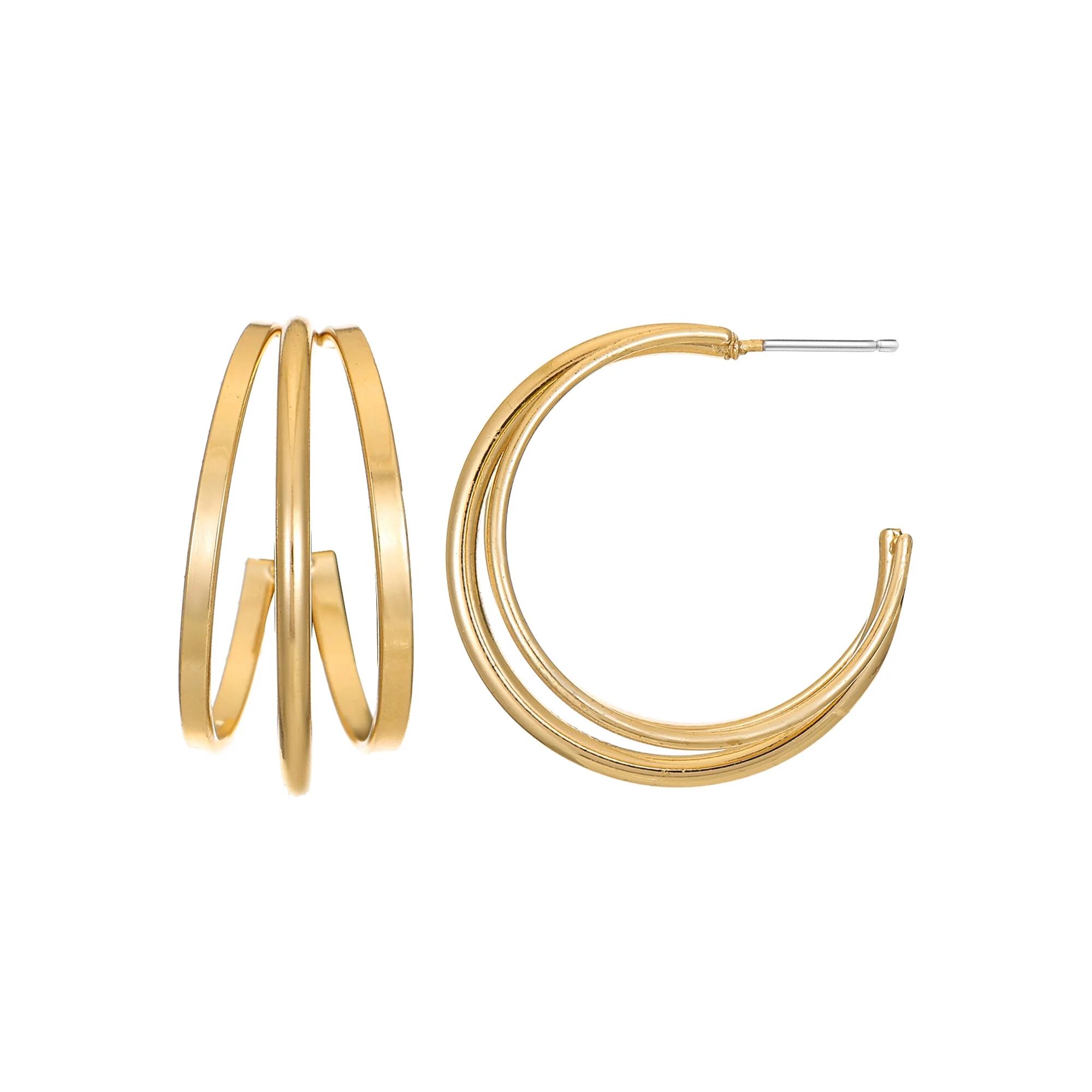 Time and Tru Triple Layer Gold Hoops for Women, Polished Gold