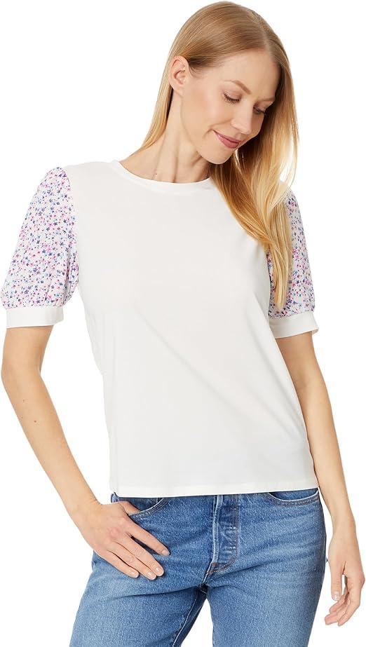 CeCe Women's Crew Neck Mixed Media Short Sleeve Top