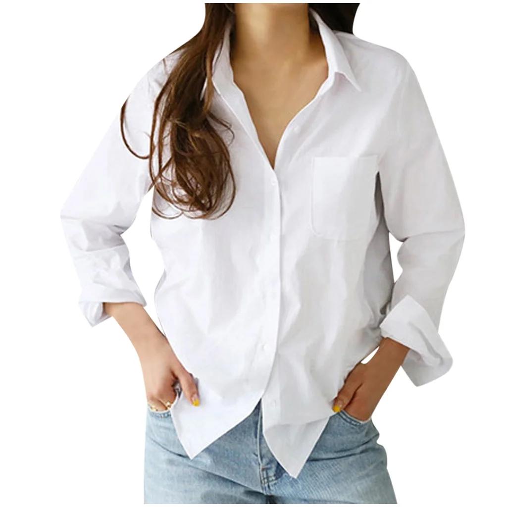 Labakihah womens tops Fashion Women Long Sleeve Solid Turn-down Collar Casual Tops Button Shirts White